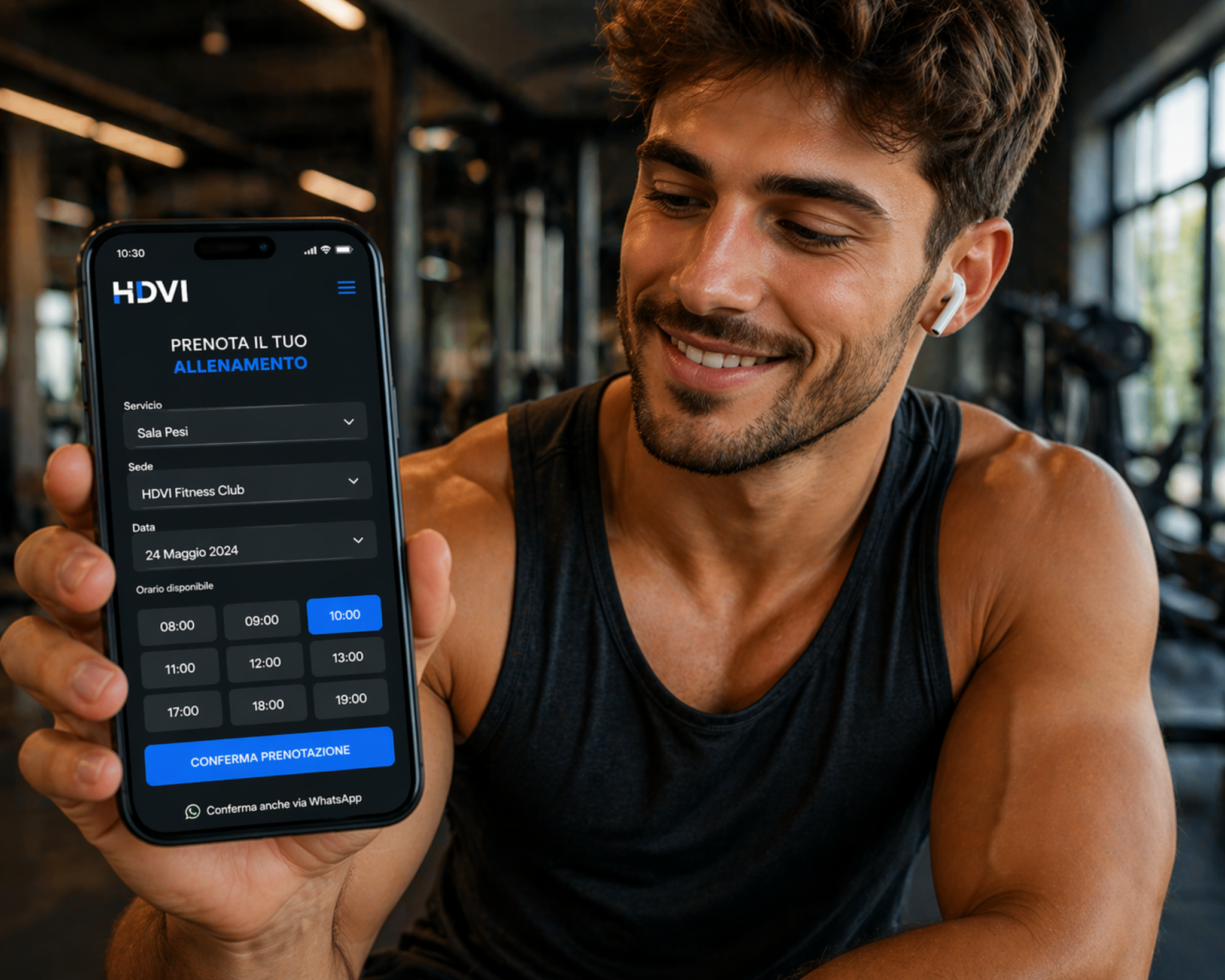 Uomo atletico che prenota un allenamento in palestra da smartphone