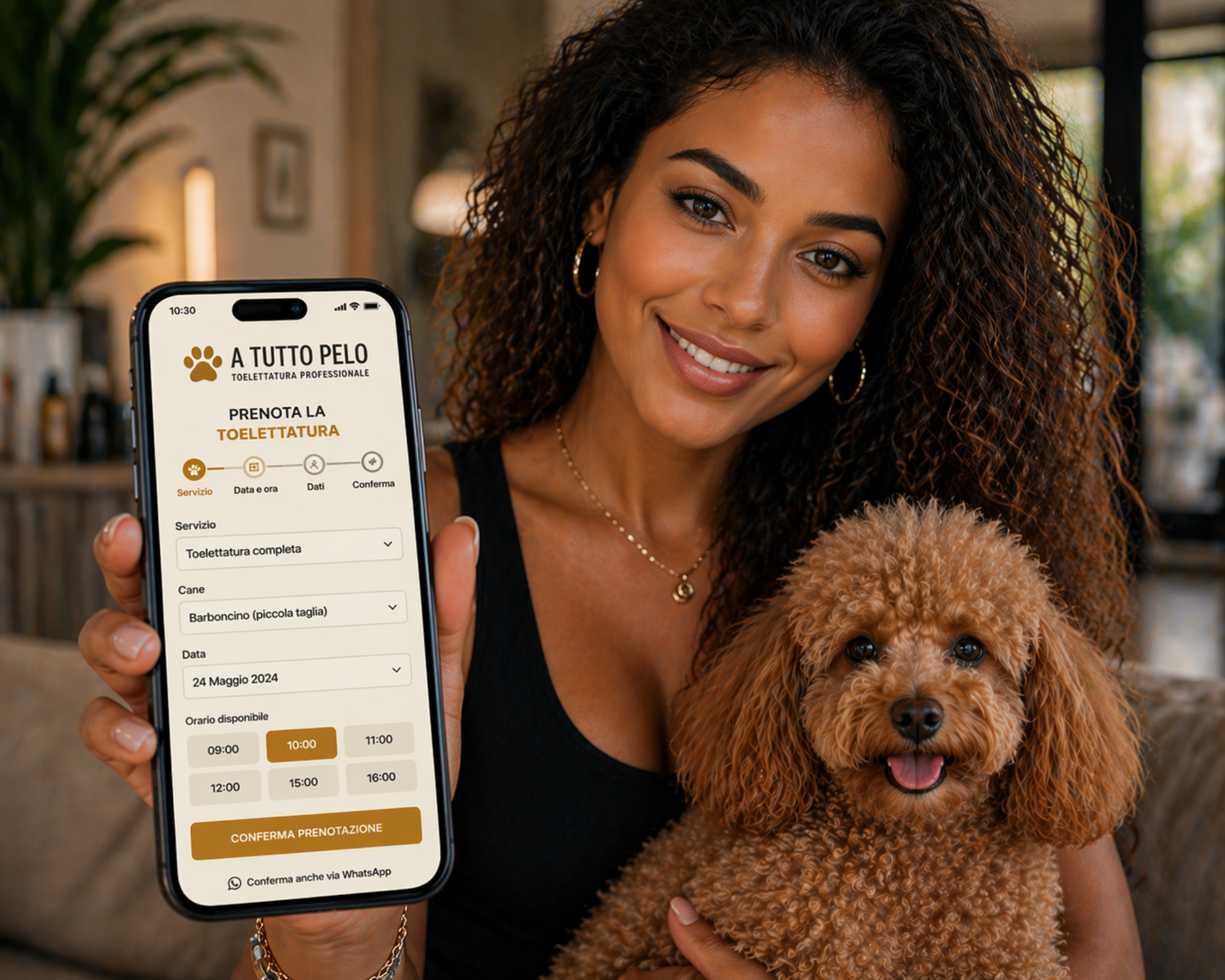 Donna che prenota la toelettatura del barboncino da smartphone